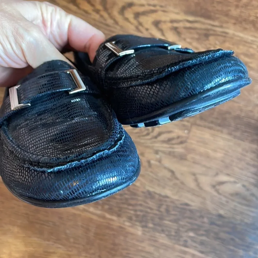 Walking Cradles black snakeskin look leather loafers‎ with silver buckle on top